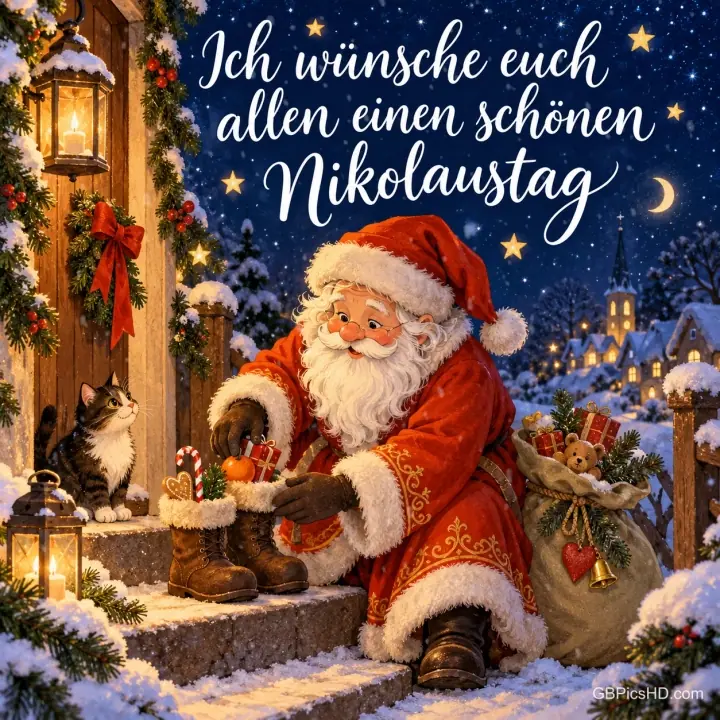 Der Nikolaus füllt an einer verschneiten Haustür mit Laternen die Stiefel mit Süßigkeiten, eine Katze schaut zu, darüber Sterne und Mond Der Nikolaus füllt an einer verschneiten Haustür mit Laternen die Stiefel mit Süßigkeiten, eine Katze schaut zu, darüber Sterne und Mond