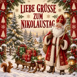 Der heilige Nikolaus mit Bischofsstab und rotem Mantel steht im Schnee neben einem Schlitten voller Geschenke, ein Eichhörnchen schaut zu, umrahmt von Tannenmuster
