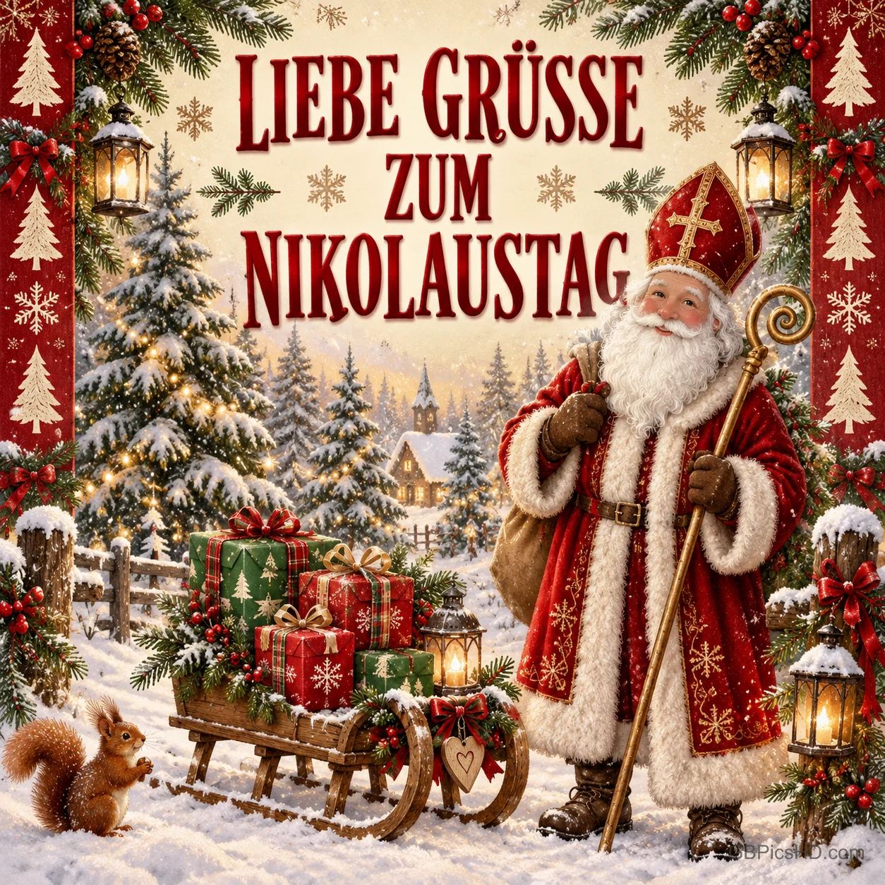 Der heilige Nikolaus mit Bischofsstab und rotem Mantel steht im Schnee neben einem Schlitten voller Geschenke, ein Eichhörnchen schaut zu, umrahmt von Tannenmuster Der heilige Nikolaus mit Bischofsstab und rotem Mantel steht im Schnee neben einem Schlitten voller Geschenke, ein Eichhörnchen schaut zu, umrahmt von Tannenmuster