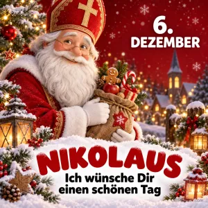 Der Nikolaus mit Mitra hält einen Sack voller Lebkuchen und Zuckerstangen vor einem verschneiten Dorf mit Kirche, dazu "6. Dezember – Nikolaus" und ein Tagesgruß