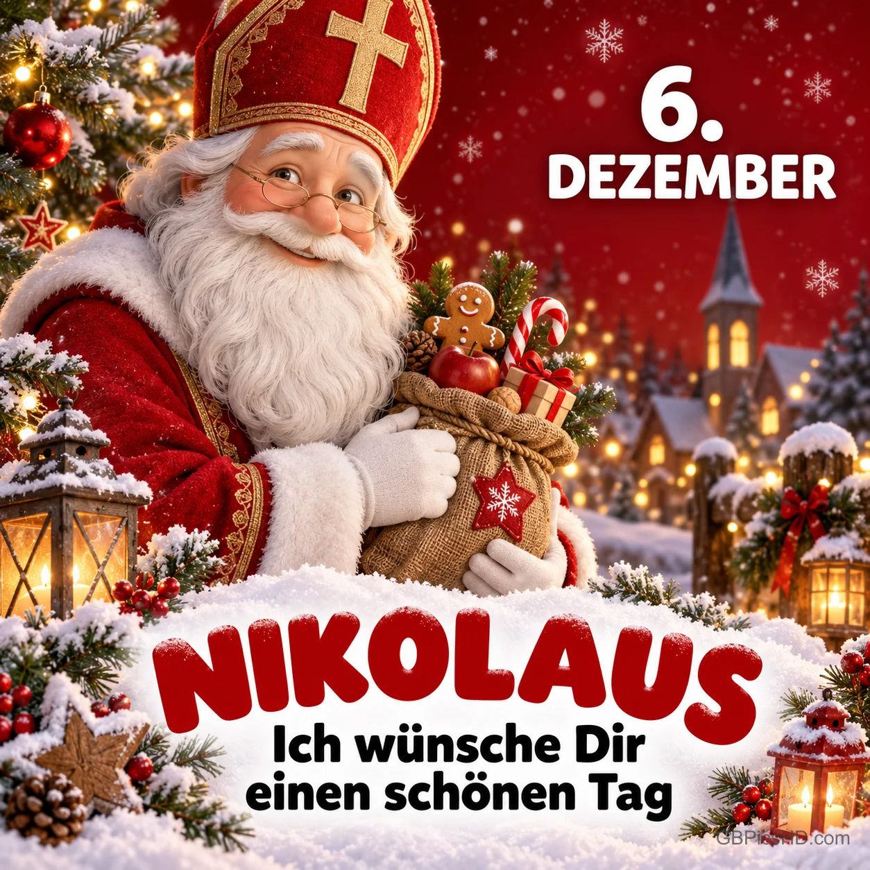 Der Nikolaus mit Mitra hält einen Sack voller Lebkuchen und Zuckerstangen vor einem verschneiten Dorf mit Kirche, dazu "6. Dezember – Nikolaus" und ein Tagesgruß Der Nikolaus mit Mitra hält einen Sack voller Lebkuchen und Zuckerstangen vor einem verschneiten Dorf mit Kirche, dazu "6. Dezember – Nikolaus" und ein Tagesgruß