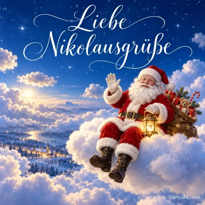 Der Nikolaus sitzt winkend mit Laterne und Geschenkesack auf einer Wolke hoch über einer verschneiten Winterlandschaft im Abendlicht, darüber "Liebe Nikolausgrüße" Der Nikolaus sitzt winkend mit Laterne und Geschenkesack auf einer Wolke hoch über einer verschneiten Winterlandschaft im Abendlicht, darüber "Liebe Nikolausgrüße"