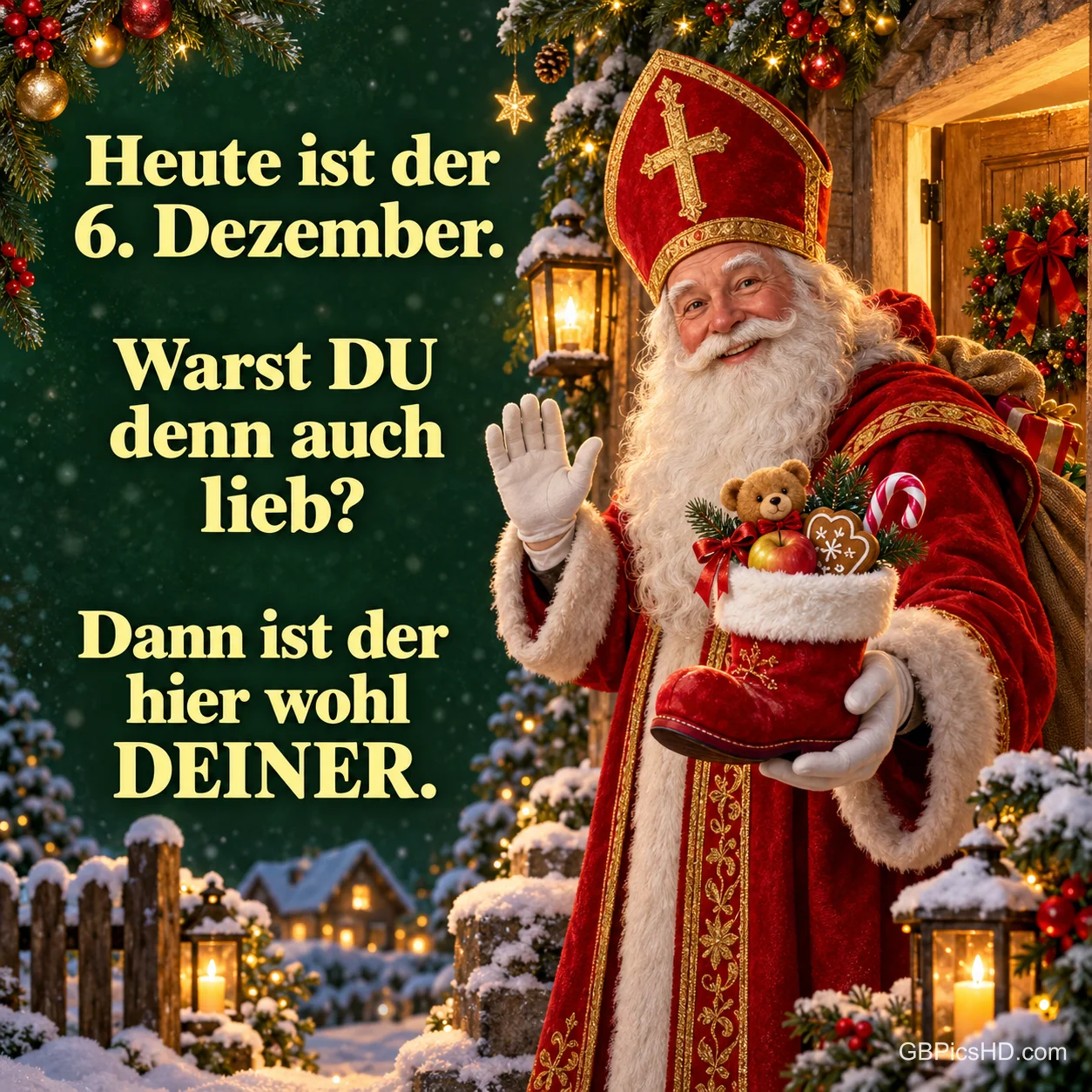 Der heilige Nikolaus mit Mitra steht winkend vor einem Haus und hält einen roten Stiefel voller Süßigkeiten und Teddy, daneben ein humorvoller Spruch zum 6. Dezember Der heilige Nikolaus mit Mitra steht winkend vor einem Haus und hält einen roten Stiefel voller Süßigkeiten und Teddy, daneben ein humorvoller Spruch zum 6. Dezember