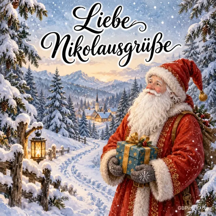 Der Nikolaus mit langem Bart und roter Mütze hält ein Geschenk auf einem verschneiten Waldweg mit Laterne und Holzzaun, im Tal ein Winterdorf Der Nikolaus mit langem Bart und roter Mütze hält ein Geschenk auf einem verschneiten Waldweg mit Laterne und Holzzaun, im Tal ein Winterdorf