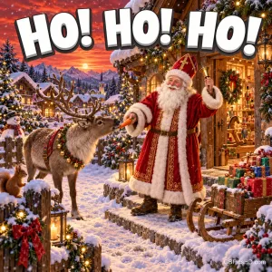 Ein Mann im roten Mantel mit Bischofsmütze füttert ein Rentier vor einem verschneiten Haus unter "HO! HO! HO!".