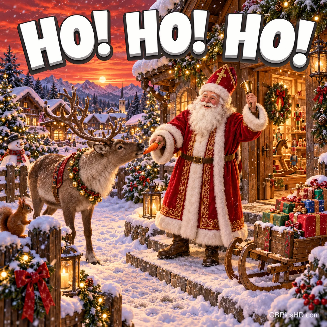 Ein Mann im roten Mantel mit Bischofsmütze füttert ein Rentier vor einem verschneiten Haus unter "HO! HO! HO!". Ein Mann im roten Mantel mit Bischofsmütze füttert ein Rentier vor einem verschneiten Haus unter "HO! HO! HO!".