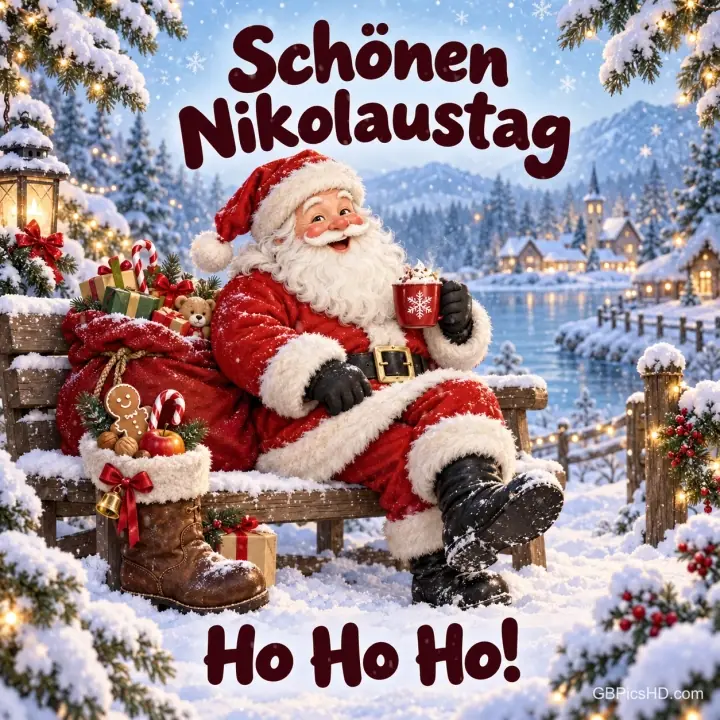 Lachender Nikolaus sitzt mit Tasse auf einer verschneiten Bank am See, daneben Geschenksack und ein mit Süßigkeiten gefüllter Stiefel Lachender Nikolaus sitzt mit Tasse auf einer verschneiten Bank am See, daneben Geschenksack und ein mit Süßigkeiten gefüllter Stiefel