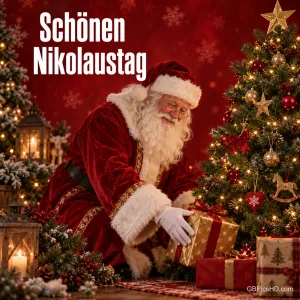 Nikolaus im roten Samtmantel legt ein Geschenk unter den beleuchteten Weihnachtsbaum, im Hintergrund Laterne und ein festlich roter Raum