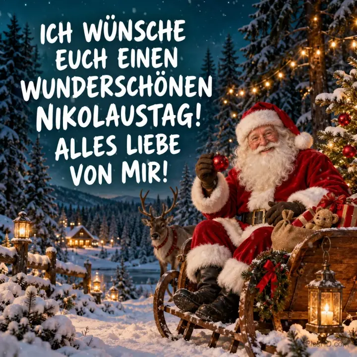 Nikolaus sitzt im Holzschlitten mit Geschenken neben einem Rentier im verschneiten Wald mit Lichterketten und Laternen, darüber ein herzlicher Gruß zum Nikolaustag Nikolaus sitzt im Holzschlitten mit Geschenken neben einem Rentier im verschneiten Wald mit Lichterketten und Laternen, darüber ein herzlicher Gruß zum Nikolaustag