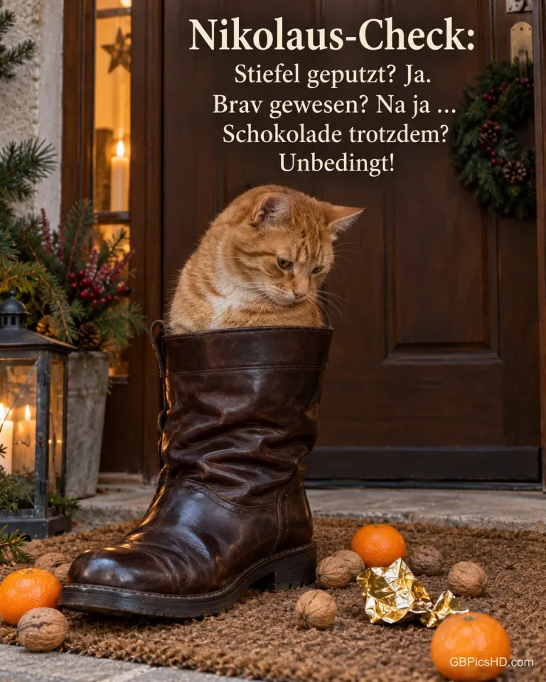 Eine rote Katze sitzt in einem geputzten Stiefel vor der Haustür, ringsum Mandarinen, Walnüsse und ein zerknülltes Goldpapier, dazu „Nikolaus-Check“.