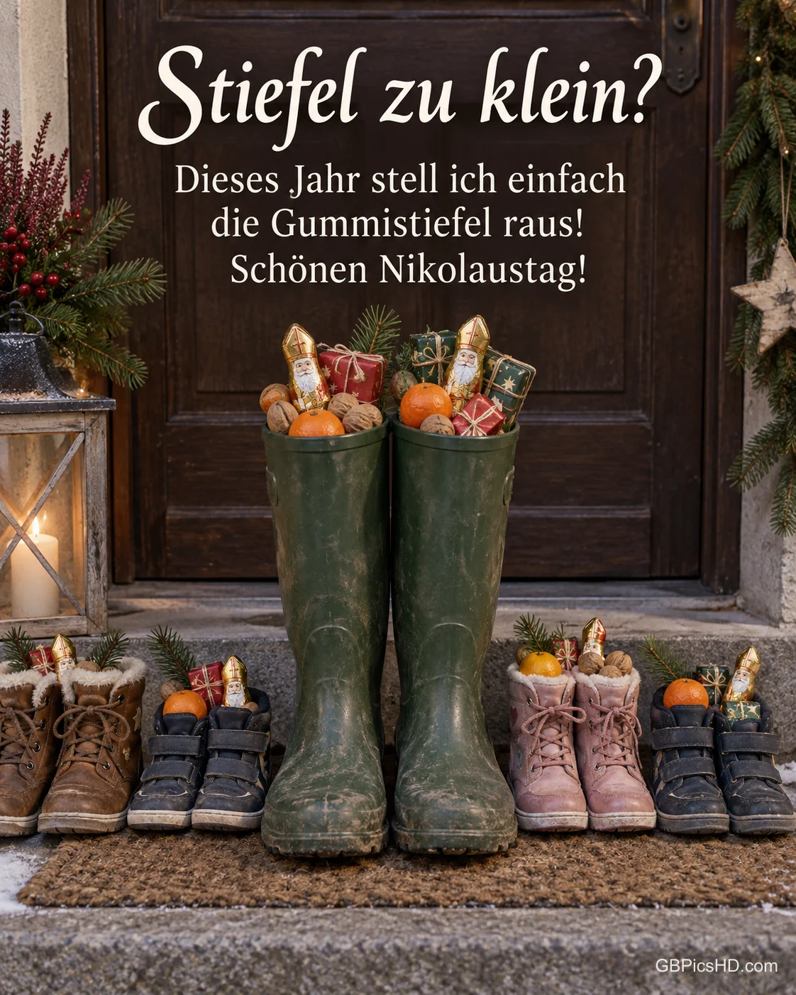 Vor einer Haustür stehen kleine Kinderschuhe und ein Paar große Gummistiefel, alle gefüllt mit Mandarinen, Nüssen und Schokolade, dazu "Stiefel zu klein?".