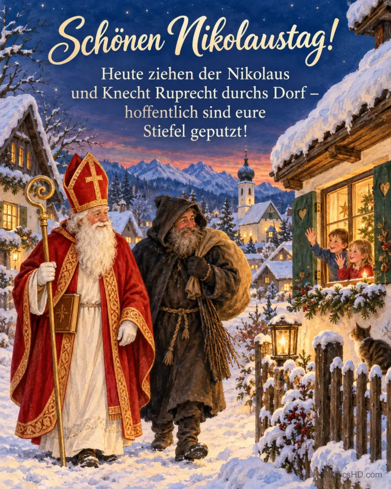 Der Nikolaus mit Mitra und Knecht Ruprecht mit Sack ziehen durch ein verschneites bayerisches Dorf, Kinder winken aus dem Fenster, dazu "Schönen Nikolaustag!".