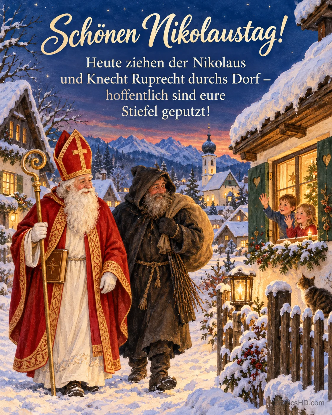 Der Nikolaus mit Mitra und Knecht Ruprecht mit Sack ziehen durch ein verschneites bayerisches Dorf, Kinder winken aus dem Fenster, dazu "Schönen Nikolaustag!".