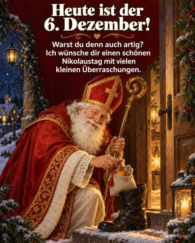 Der Nikolaus im roten Bischofsgewand füllt einen Stiefel vor der Haustür mit Nüssen, Orangen und Plätzchen, dazu "Heute ist der 6. Dezember!".