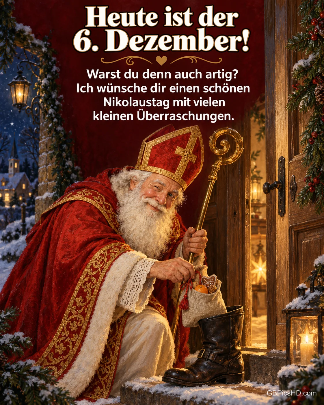 Der Nikolaus im roten Bischofsgewand füllt einen Stiefel vor der Haustür mit Nüssen, Orangen und Plätzchen, dazu "Heute ist der 6. Dezember!".