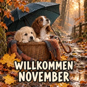 Zwei Welpen sitzen in einem Weidenkorb mit Decke unter einem Regenschirm auf einem nassen Waldweg voller Herbstlaub, davor der Schriftzug "Willkommen November"