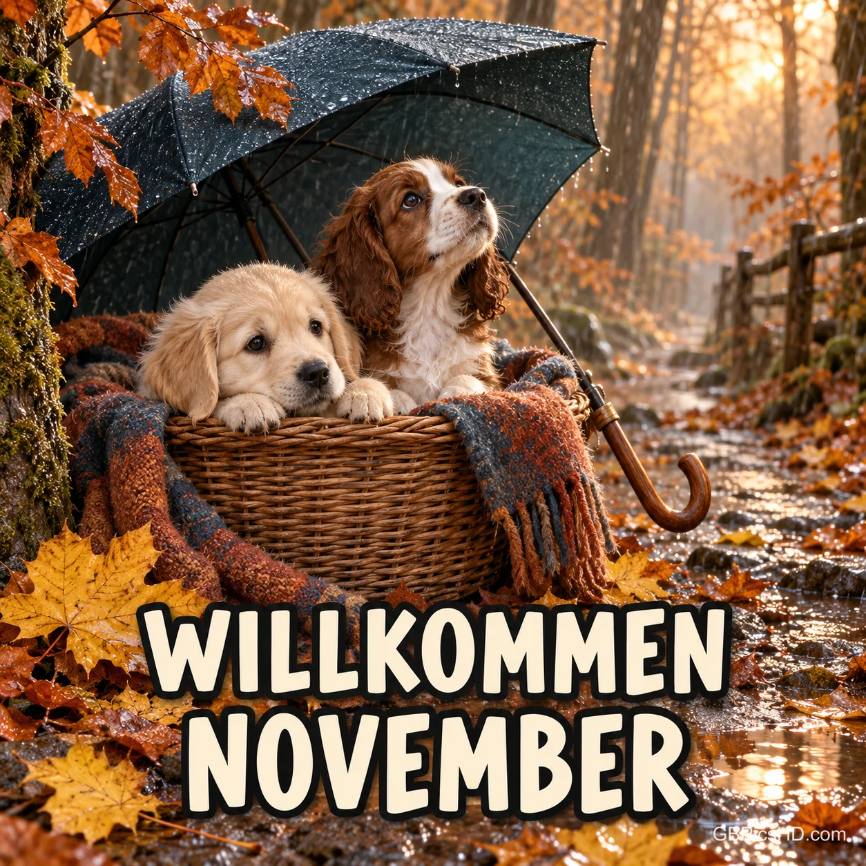 Zwei Welpen sitzen in einem Weidenkorb mit Decke unter einem Regenschirm auf einem nassen Waldweg voller Herbstlaub, davor der Schriftzug "Willkommen November" Zwei Welpen sitzen in einem Weidenkorb mit Decke unter einem Regenschirm auf einem nassen Waldweg voller Herbstlaub, davor der Schriftzug "Willkommen November"