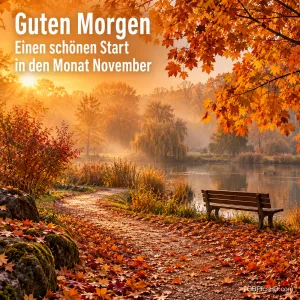 Herbstlicher Uferweg mit rotem Laub, Holzbank und Nebel über dem See im Morgenlicht, dazu "Guten Morgen – Einen schönen Start in den Monat November"