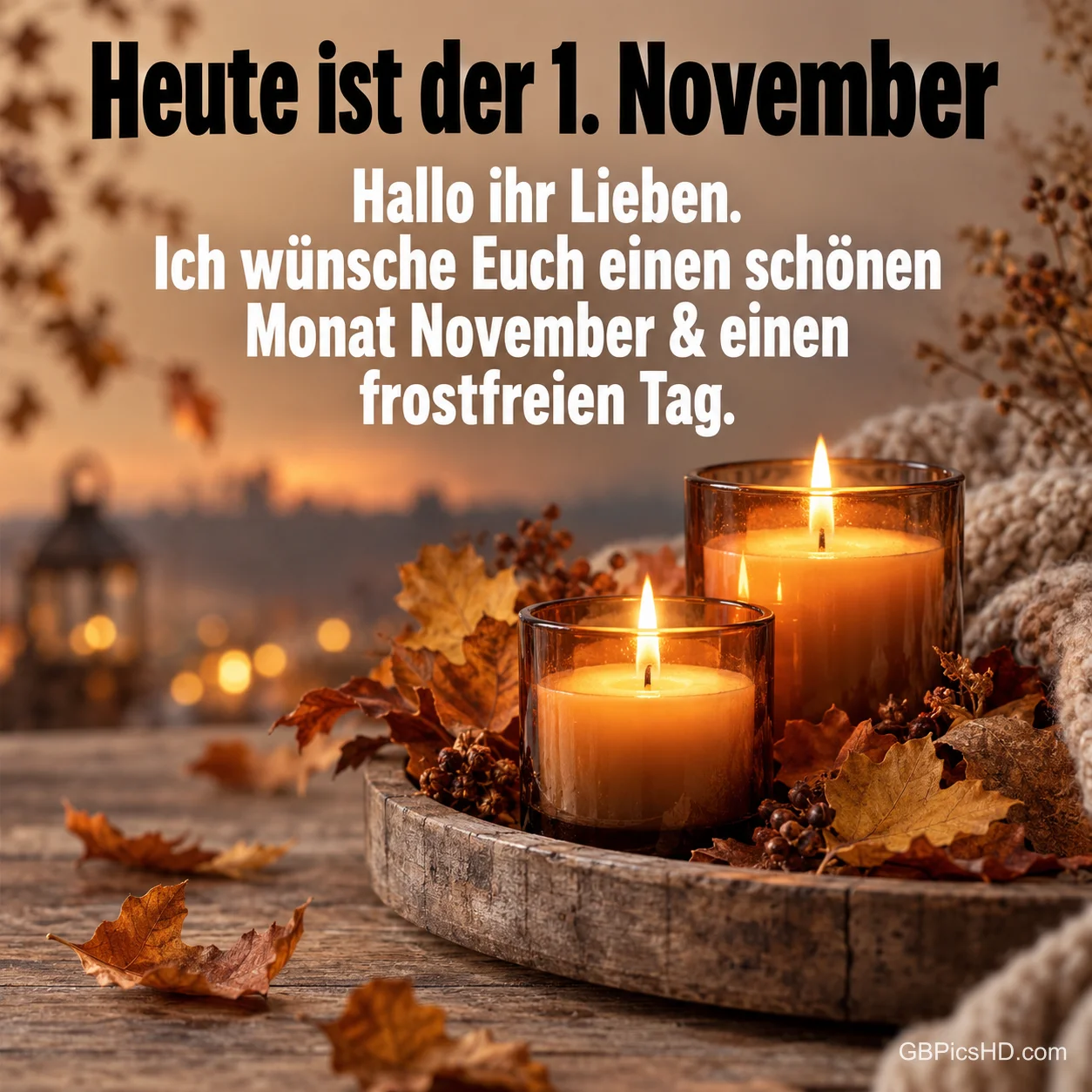 Zwei brennende Kerzen in Gläsern auf einem Holztablett mit Herbstlaub und Strickdecke, darüber der Gruß "Heute ist der 1. November" mit Wünschen für einen frostfreien Tag Zwei brennende Kerzen in Gläsern auf einem Holztablett mit Herbstlaub und Strickdecke, darüber der Gruß "Heute ist der 1. November" mit Wünschen für einen frostfreien Tag