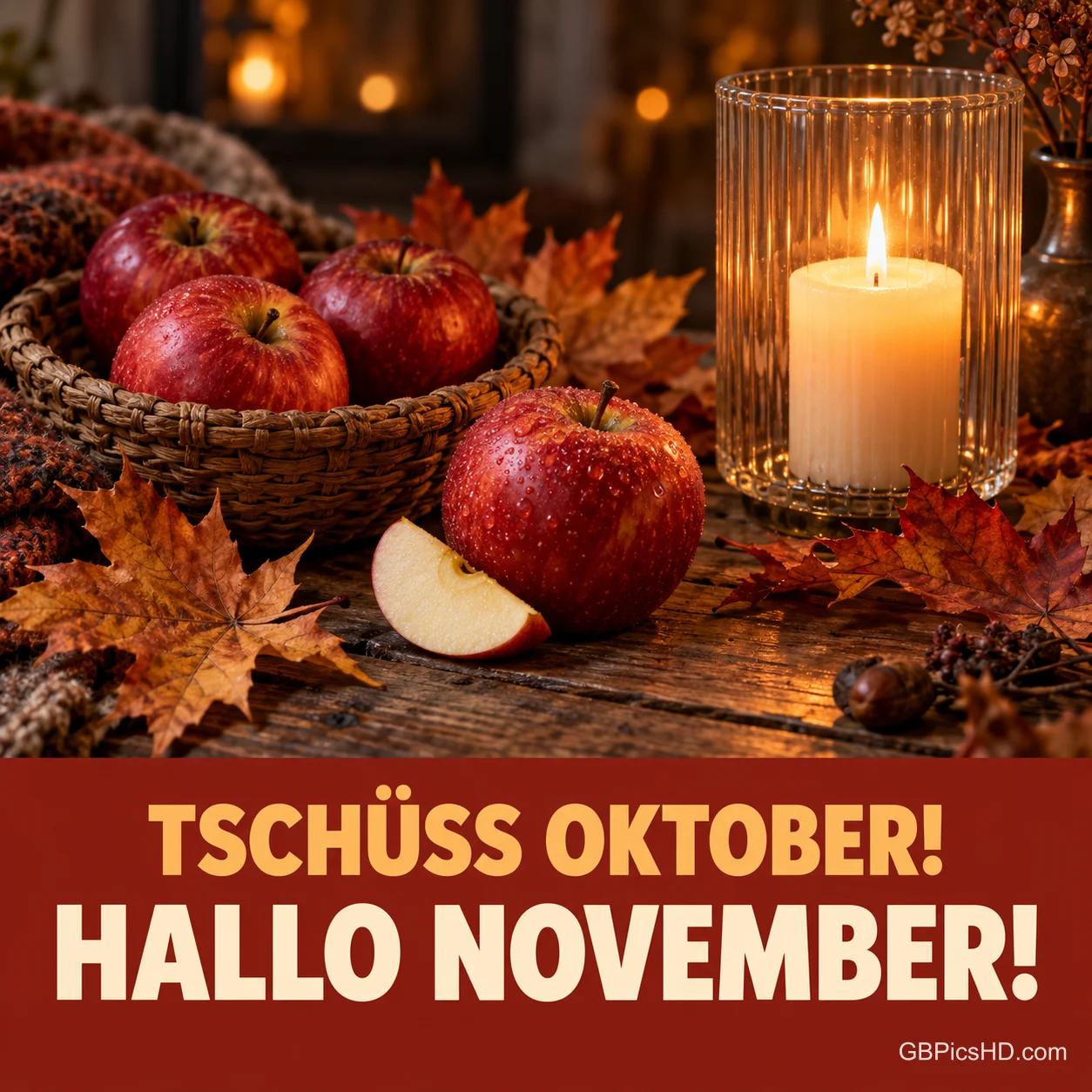 Rote Äpfel in einem Weidenkorb, Ahornblätter und eine brennende Kerze im Glas auf einem Holztisch, darunter der Schriftzug "Tschüss Oktober! Hallo November!" Rote Äpfel in einem Weidenkorb, Ahornblätter und eine brennende Kerze im Glas auf einem Holztisch, darunter der Schriftzug "Tschüss Oktober! Hallo November!"