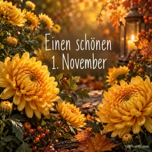Gelbe Chrysanthemen in einem herbstlichen Garten mit Beeren und Laterne im warmen Abendlicht, Schrift "Einen schönen 1. November"