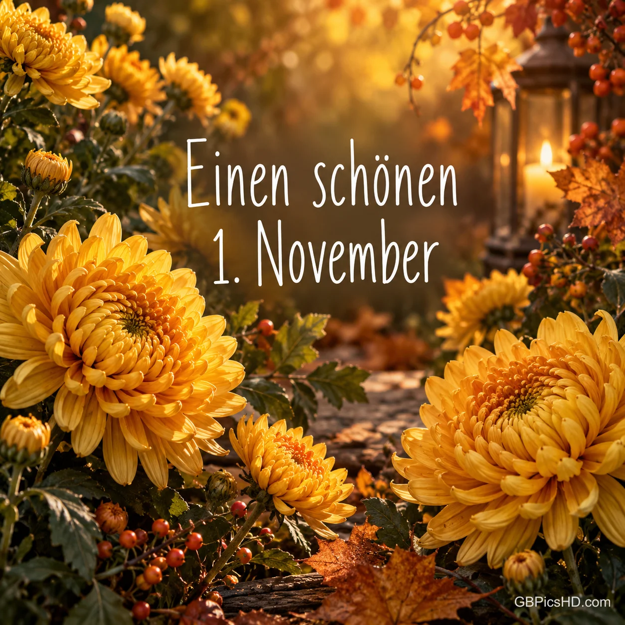 Gelbe Chrysanthemen in einem herbstlichen Garten mit Beeren und Laterne im warmen Abendlicht, Schrift "Einen schönen 1. November" Gelbe Chrysanthemen in einem herbstlichen Garten mit Beeren und Laterne im warmen Abendlicht, Schrift "Einen schönen 1. November"