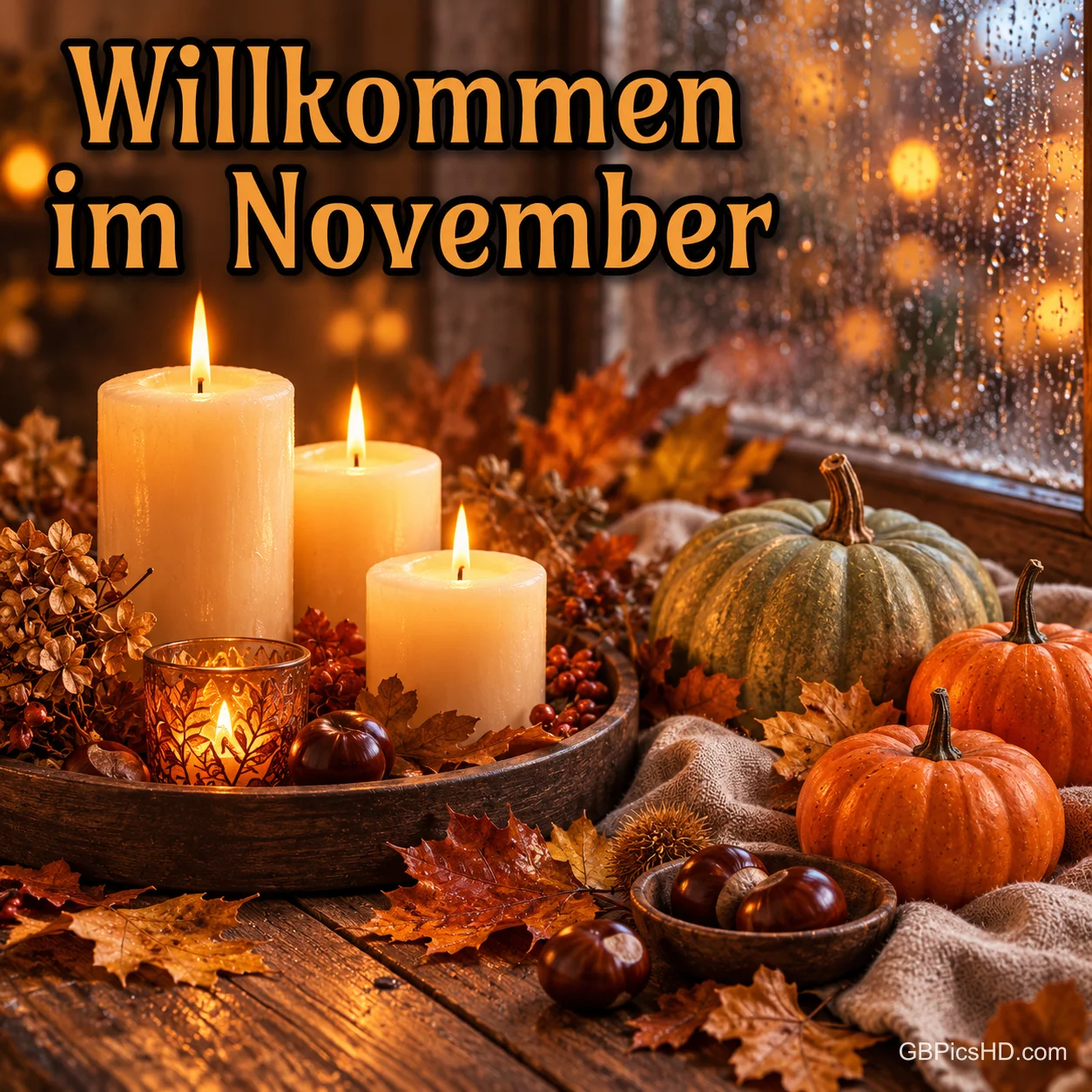 Brennende Kerzen in einer Holzschale mit Laub, Kastanien und Kürbissen vor einem regennassen Fenster, darüber der Gruß "Willkommen im November" Brennende Kerzen in einer Holzschale mit Laub, Kastanien und Kürbissen vor einem regennassen Fenster, darüber der Gruß "Willkommen im November"