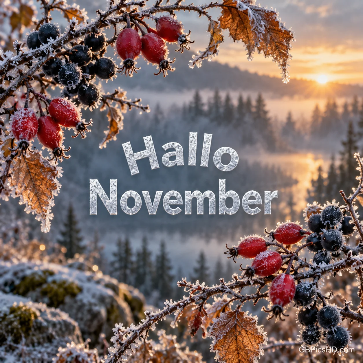 Mit Raureif überzogene Hagebutten und dunkle Beeren an Zweigen vor einer nebligen Waldlandschaft im Sonnenaufgang, mittig der funkelnde Schriftzug "Hallo November" Mit Raureif überzogene Hagebutten und dunkle Beeren an Zweigen vor einer nebligen Waldlandschaft im Sonnenaufgang, mittig der funkelnde Schriftzug "Hallo November"