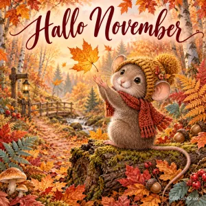 Eine Maus mit Strickmütze und Schal sitzt auf einem bemoosten Baumstamm im bunten Herbstwald und greift nach einem fallenden Blatt, Schrift "Hallo November"