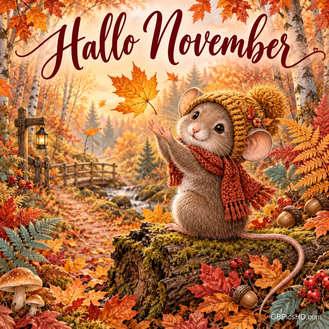 Eine Maus mit Strickmütze und Schal sitzt auf einem bemoosten Baumstamm im bunten Herbstwald und greift nach einem fallenden Blatt, Schrift "Hallo November" Eine Maus mit Strickmütze und Schal sitzt auf einem bemoosten Baumstamm im bunten Herbstwald und greift nach einem fallenden Blatt, Schrift "Hallo November"
