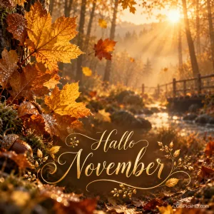 Goldene Herbstblätter im Gegenlicht über einem Bach im Wald mit Holzsteg, unten der verschnörkelte goldene Schriftzug "Hallo November"