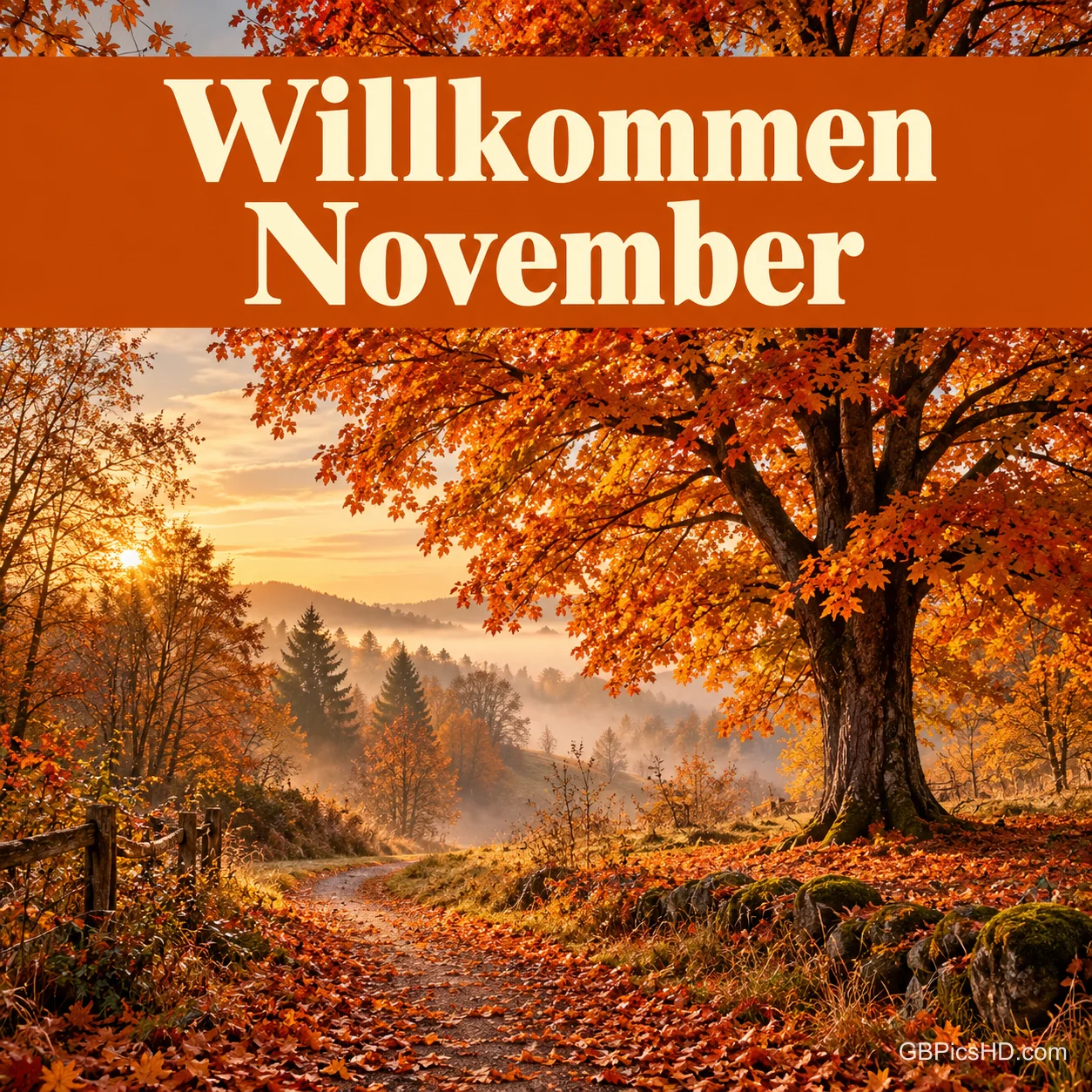 Ein großer Baum mit orangerotem Laub an einem Waldweg im nebligen Abendlicht, darüber ein orangefarbenes Band mit dem Schriftzug "Willkommen November" Ein großer Baum mit orangerotem Laub an einem Waldweg im nebligen Abendlicht, darüber ein orangefarbenes Band mit dem Schriftzug "Willkommen November"