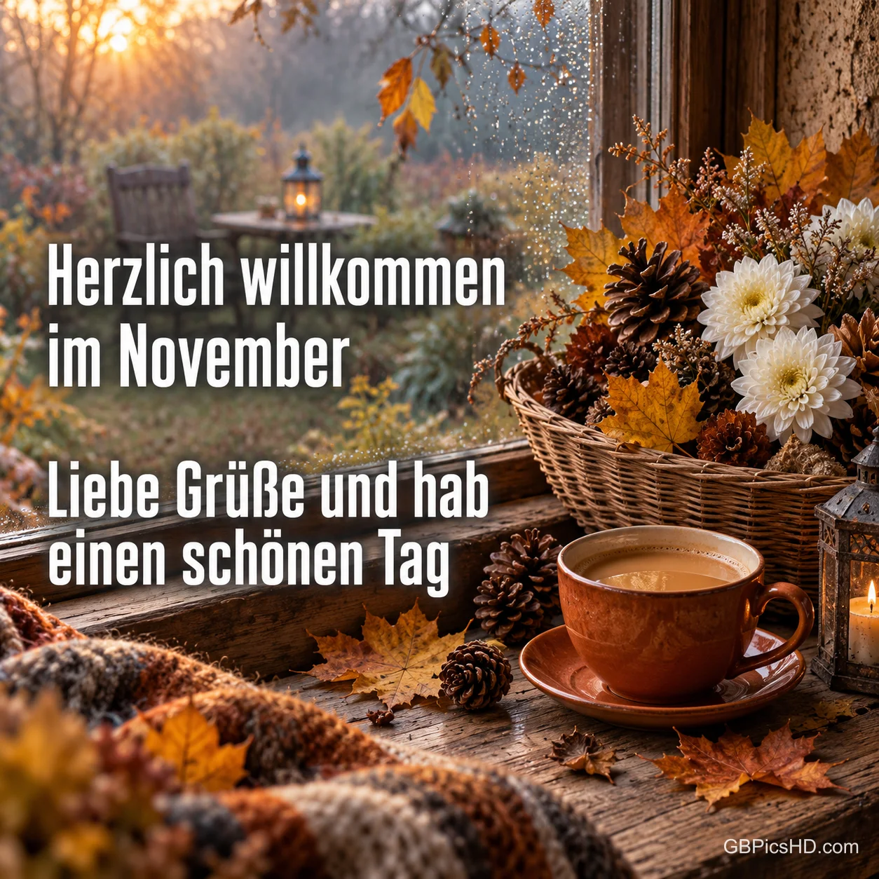 Herbstliche Fensterbank mit Kaffeetasse, Korb voller Zapfen, Herbstblättern und weißen Chrysanthemen, Strickdecke und Laterne vor einem regnerischen Garten Herbstliche Fensterbank mit Kaffeetasse, Korb voller Zapfen, Herbstblättern und weißen Chrysanthemen, Strickdecke und Laterne vor einem regnerischen Garten