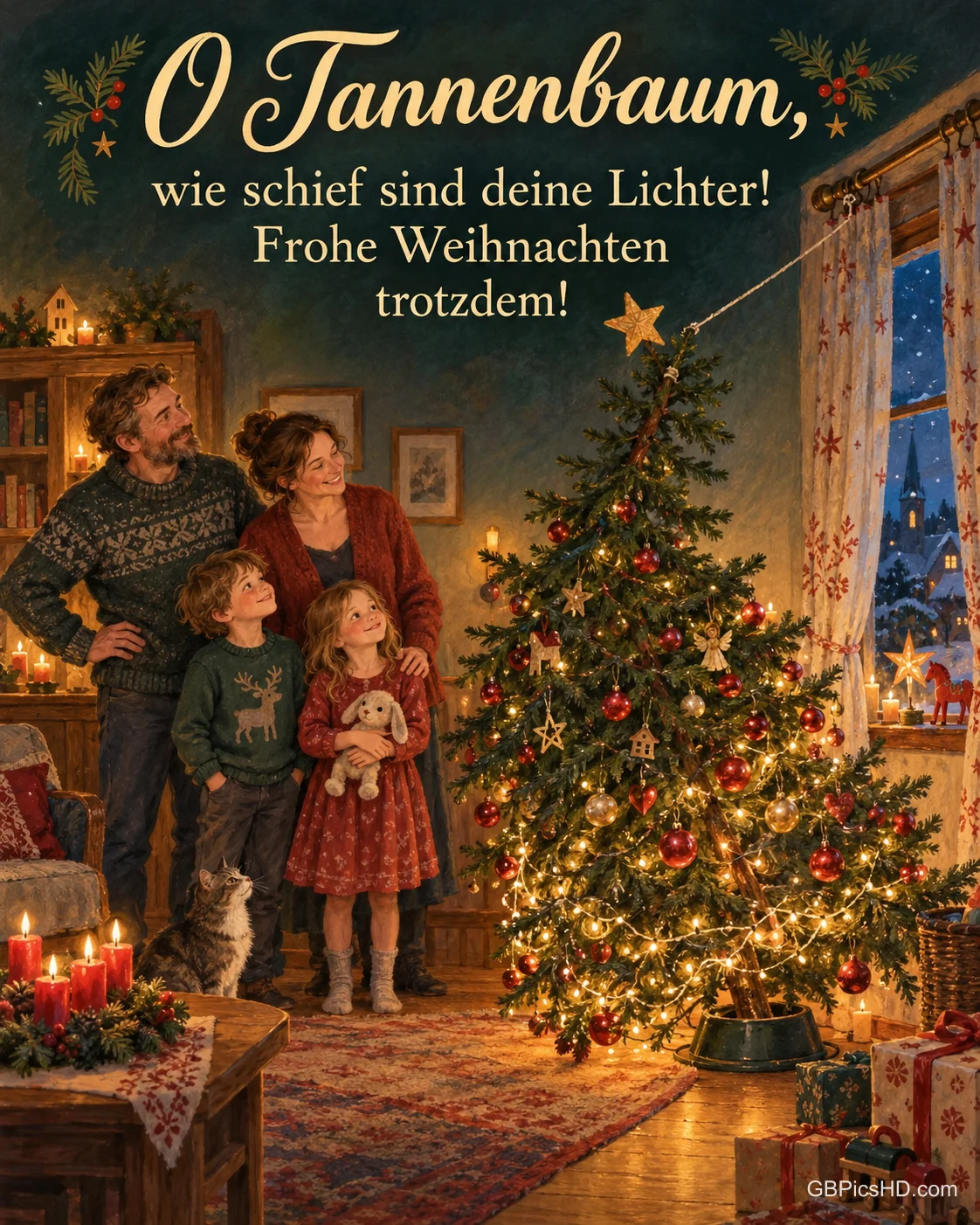 Eine Familie steht lachend und stolz neben einem herrlich schiefen Weihnachtsbaum mit ungleichmäßigen Lichtern und schiefem Stern, dazu "O Tannenbaum".