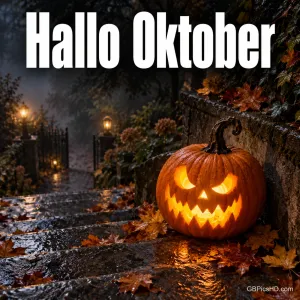 Ein geschnitzter, von innen leuchtender Kürbis mit grinsendem Gesicht steht auf nassen Steinstufen zwischen Herbstlaub und Laternen, darüber der Schriftzug "Hallo Oktober"