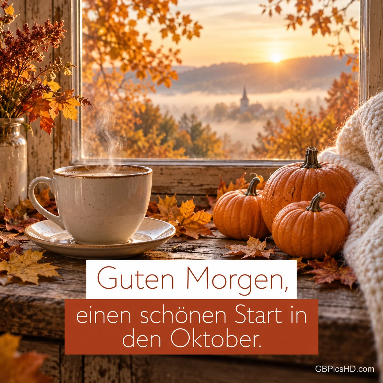 Dampfende Tasse Kaffee mit kleinen Kürbissen und Laub auf einer Fensterbank, draußen eine nebelige Herbstlandschaft im Sonnenaufgang, dazu ein Morgengruß zum Oktober Dampfende Tasse Kaffee mit kleinen Kürbissen und Laub auf einer Fensterbank, draußen eine nebelige Herbstlandschaft im Sonnenaufgang, dazu ein Morgengruß zum Oktober