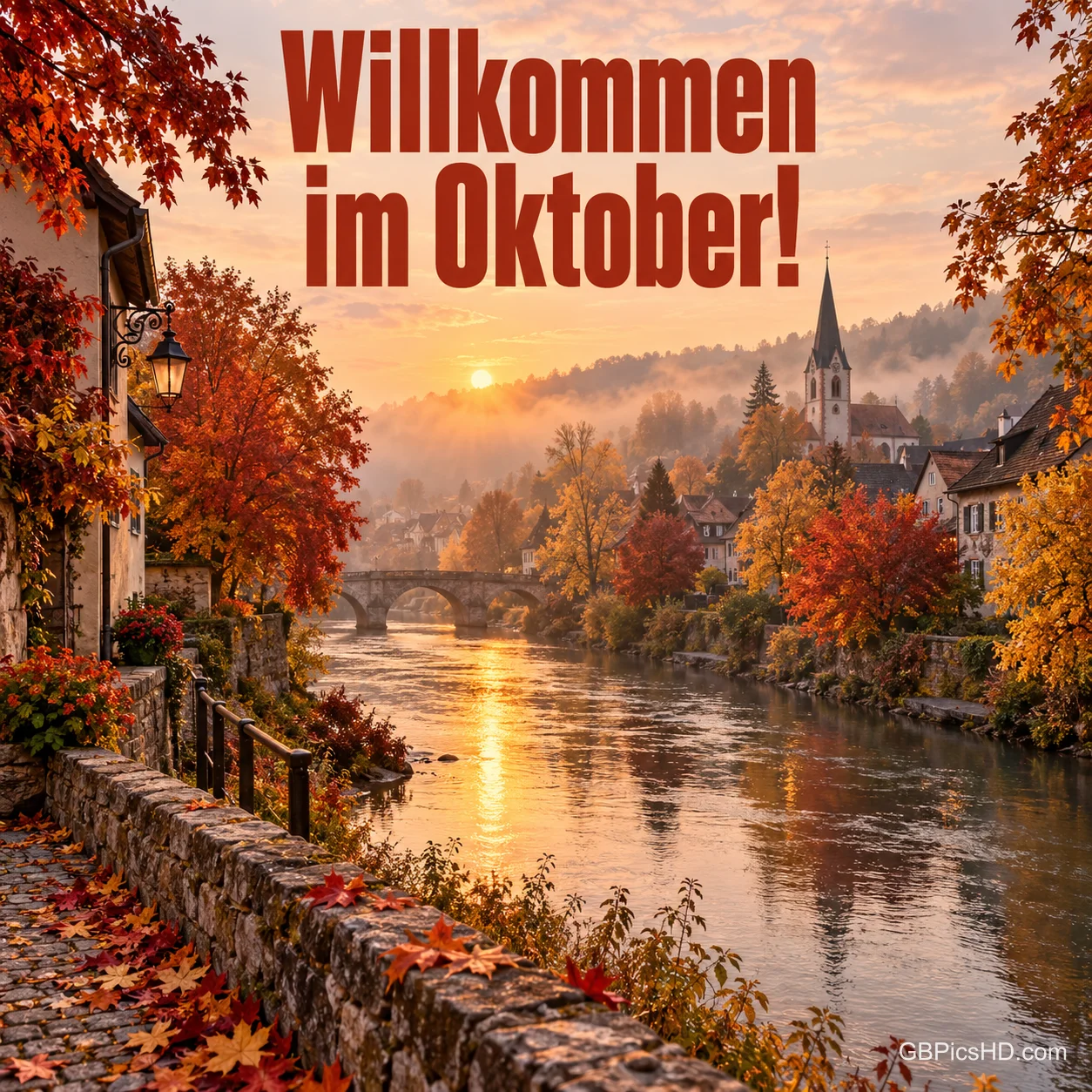 Ein Fluss mit Steinbrücke fließt durch ein Dorf mit Kirchturm, umgeben von rot und orange gefärbten Bäumen im warmen Abendlicht, oben "Willkommen im Oktober!" Ein Fluss mit Steinbrücke fließt durch ein Dorf mit Kirchturm, umgeben von rot und orange gefärbten Bäumen im warmen Abendlicht, oben "Willkommen im Oktober!"
