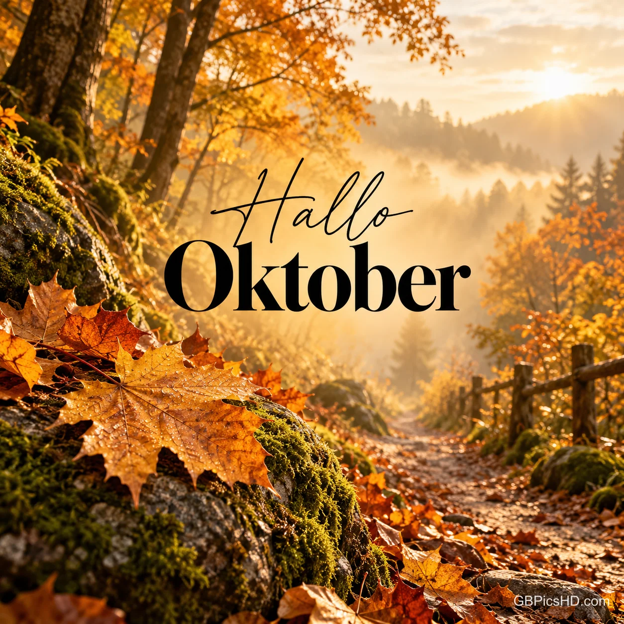 Ein moosiger Waldrand mit großen Ahornblättern, einem Holzzaun und nebeligen Hügeln im goldenen Licht, darüber der elegante Schriftzug "Hallo Oktober" Ein moosiger Waldrand mit großen Ahornblättern, einem Holzzaun und nebeligen Hügeln im goldenen Licht, darüber der elegante Schriftzug "Hallo Oktober"