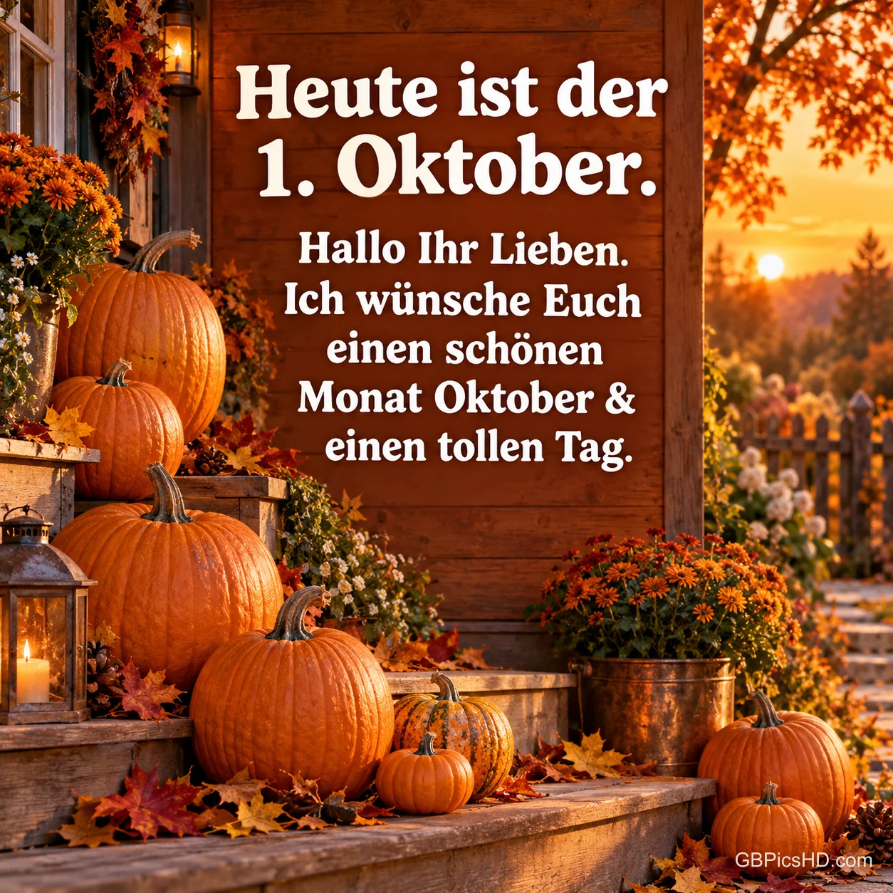 Kürbisse auf Holzstufen vor einem Hauseingang mit Laternen und Herbstblumen bei Sonnenuntergang, daneben ein Gruß zum 1. Oktober mit Wünschen für einen schönen Monat Kürbisse auf Holzstufen vor einem Hauseingang mit Laternen und Herbstblumen bei Sonnenuntergang, daneben ein Gruß zum 1. Oktober mit Wünschen für einen schönen Monat