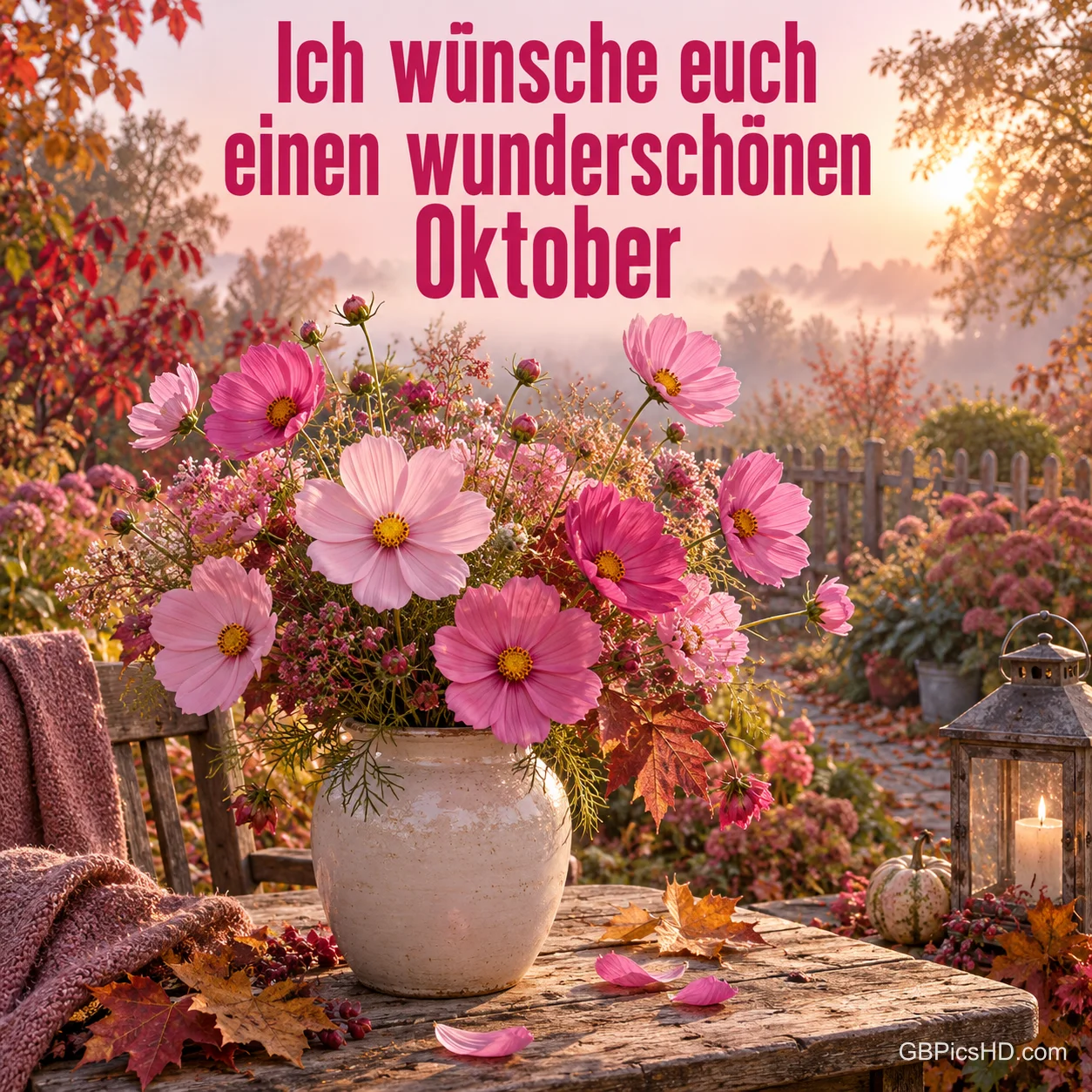 Ein Strauß rosa Schmuckkörbchen in einer hellen Vase auf einem Holztisch im herbstlichen Garten mit Laterne, oben der Wunsch für einen wunderschönen Oktober Ein Strauß rosa Schmuckkörbchen in einer hellen Vase auf einem Holztisch im herbstlichen Garten mit Laterne, oben der Wunsch für einen wunderschönen Oktober