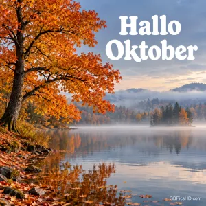 Ein Baum mit leuchtend orangem Laub steht am Ufer eines stillen Sees mit Morgennebel und bewaldeten Hügeln, rechts oben der Schriftzug "Hallo Oktober"