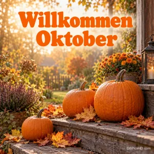 Mehrere Kürbisse liegen auf einer Holzbank zwischen Ahornblättern, Chrysanthemen und einer Laterne im sonnigen Garten, darüber orange Schrift "Willkommen Oktober"