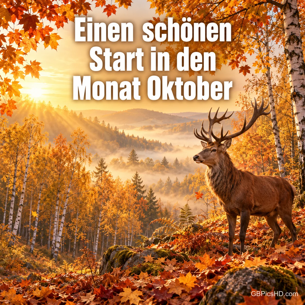 Ein Hirsch mit großem Geweih steht im herbstlichen Birkenwald über einem nebeligen Tal im Sonnenlicht, darüber der Wunsch für einen schönen Start in den Oktober Ein Hirsch mit großem Geweih steht im herbstlichen Birkenwald über einem nebeligen Tal im Sonnenlicht, darüber der Wunsch für einen schönen Start in den Oktober