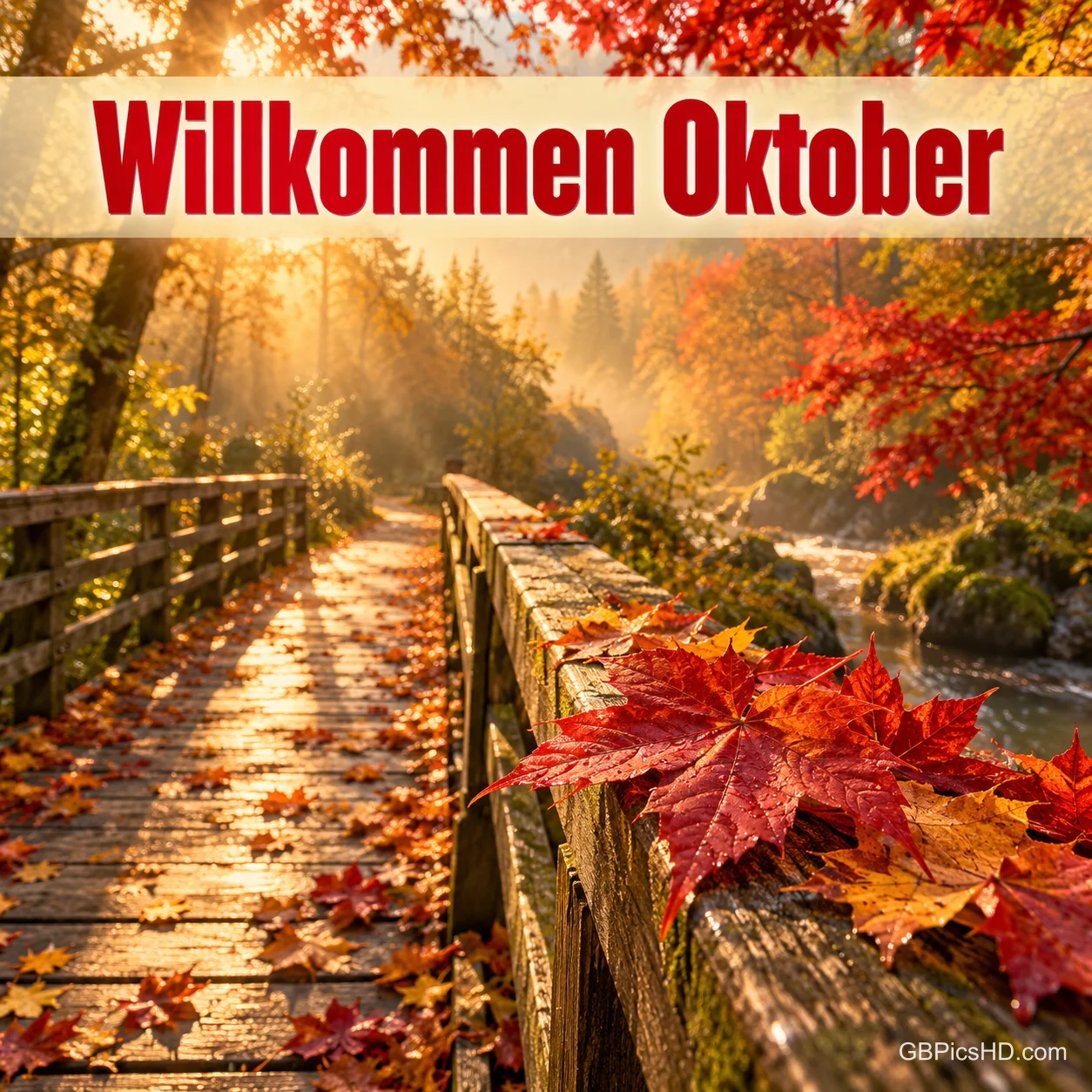 Ein Holzsteg führt durch einen sonnendurchfluteten Herbstwald, auf dem Geländer liegen rote Ahornblätter, oben in roter Schrift "Willkommen Oktober" Ein Holzsteg führt durch einen sonnendurchfluteten Herbstwald, auf dem Geländer liegen rote Ahornblätter, oben in roter Schrift "Willkommen Oktober"