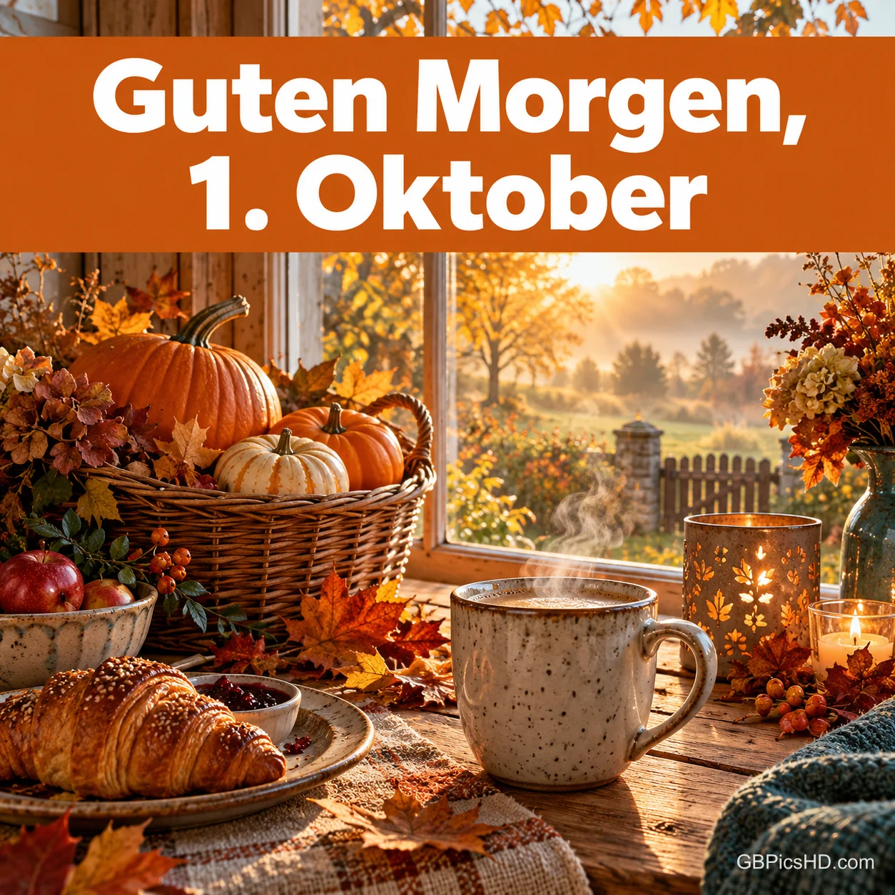 Herbstlicher Frühstückstisch am Fenster mit Kürbiskorb, Croissant, dampfender Tasse und Windlicht, draußen ein sonniger Garten, darüber orangefarbenes Band mit "Guten Morgen, 1. Oktober" Herbstlicher Frühstückstisch am Fenster mit Kürbiskorb, Croissant, dampfender Tasse und Windlicht, draußen ein sonniger Garten, darüber orangefarbenes Band mit "Guten Morgen, 1. Oktober"