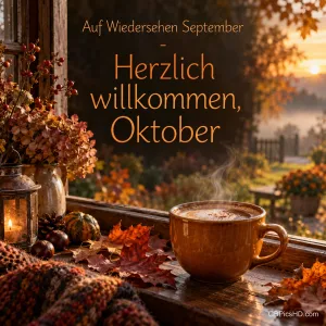 Dampfende Kaffeetasse auf einer Fensterbank mit Herbstlaub, Kastanien, Laterne und Strickdecke vor einem Sonnenaufgang, darüber der Text "Auf Wiedersehen September – Herzlich willkommen, Oktober"