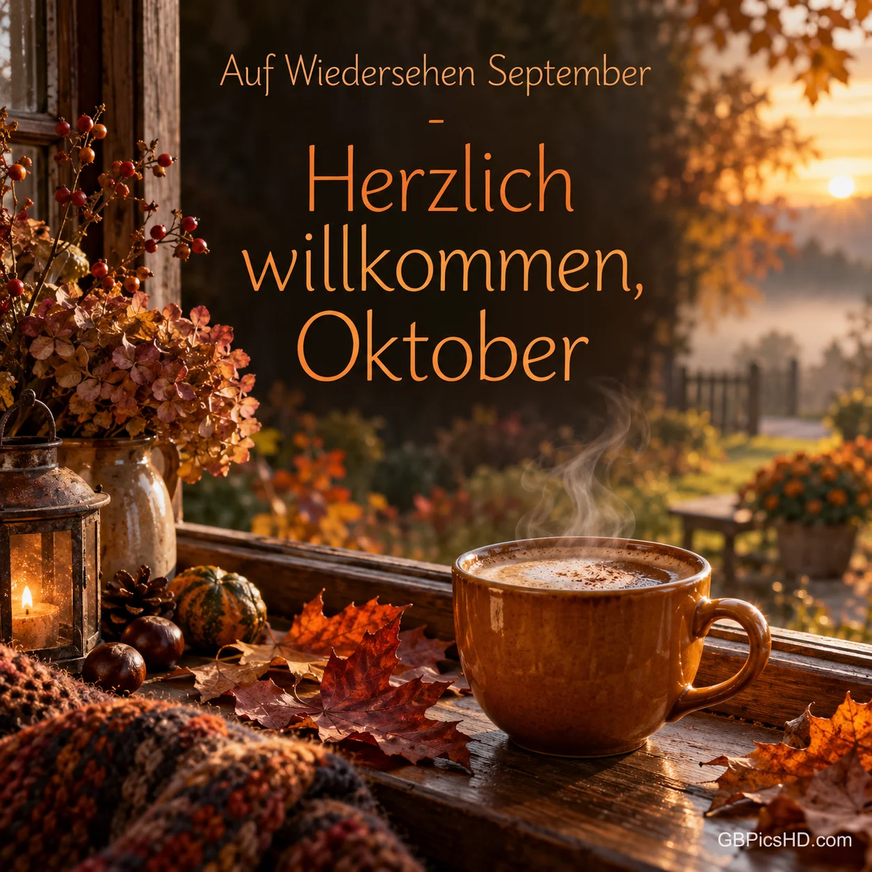 Dampfende Kaffeetasse auf einer Fensterbank mit Herbstlaub, Kastanien, Laterne und Strickdecke vor einem Sonnenaufgang, darüber der Text "Auf Wiedersehen September – Herzlich willkommen, Oktober" Dampfende Kaffeetasse auf einer Fensterbank mit Herbstlaub, Kastanien, Laterne und Strickdecke vor einem Sonnenaufgang, darüber der Text "Auf Wiedersehen September – Herzlich willkommen, Oktober"