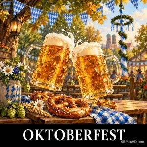 Zwei volle Bierkrüge stoßen über Brezeln auf einem festlich geschmückten Biergartentisch an: "OKTOBERFEST".