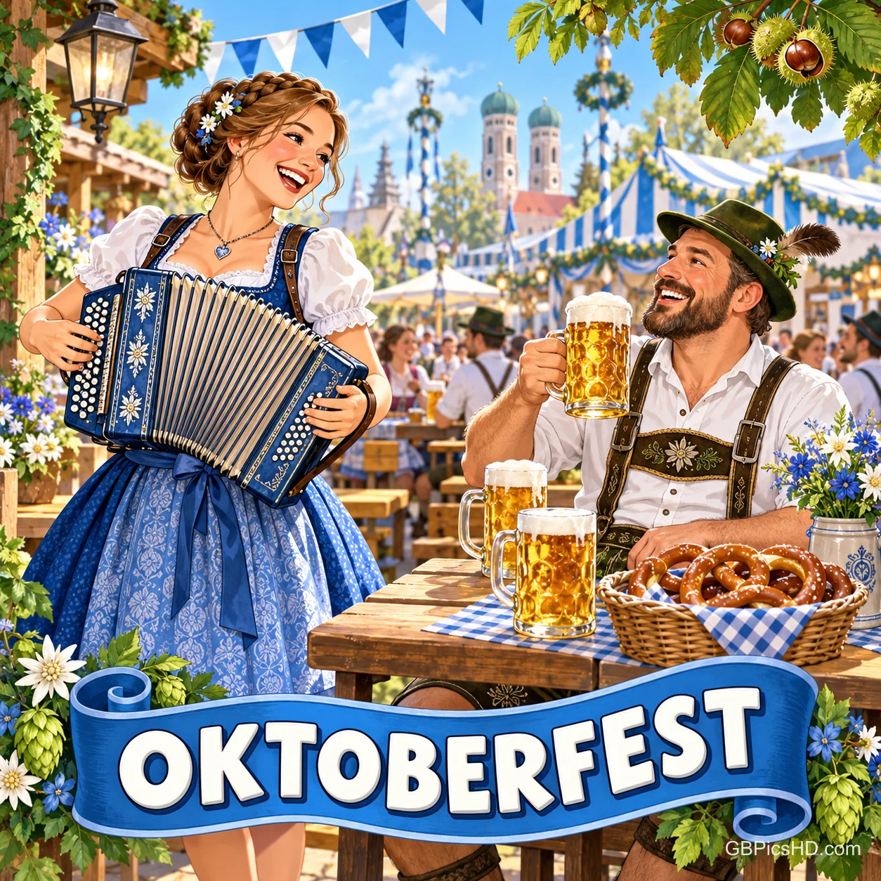 Eine Frau spielt Akkordeon, ein Mann hebt seinen Bierkrug; auf einem blauen Banner steht "Oktoberfest".