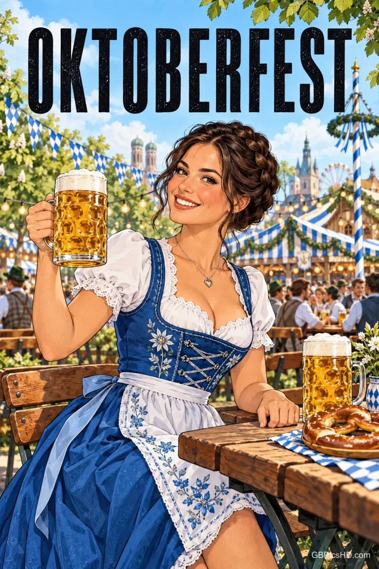 Eine lächelnde Frau mit braunen Haaren im blauen Dirndl hebt im Biergarten einen Bierkrug: "OKTOBERFEST".